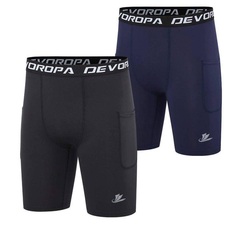 DEVOROPA Youth Boys' Compression Shorts Performance Athletic Base Layers Workout Training Underwear Side Pocket Black/Navy XS (Pack of 2) - Image 1
